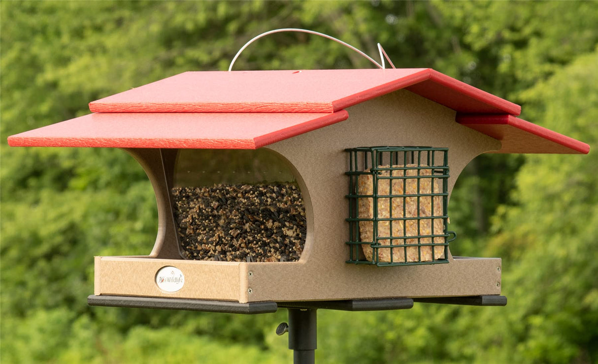 JCS Wildlife Hopper and Suet Feeder with red roof and suet cage, designed for easy refilling and cleaning.