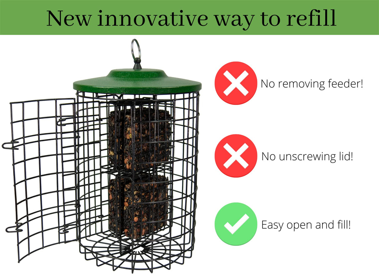 Innovative Squirrel Stopper suet feeder design with easy-open side door for hassle-free refilling.