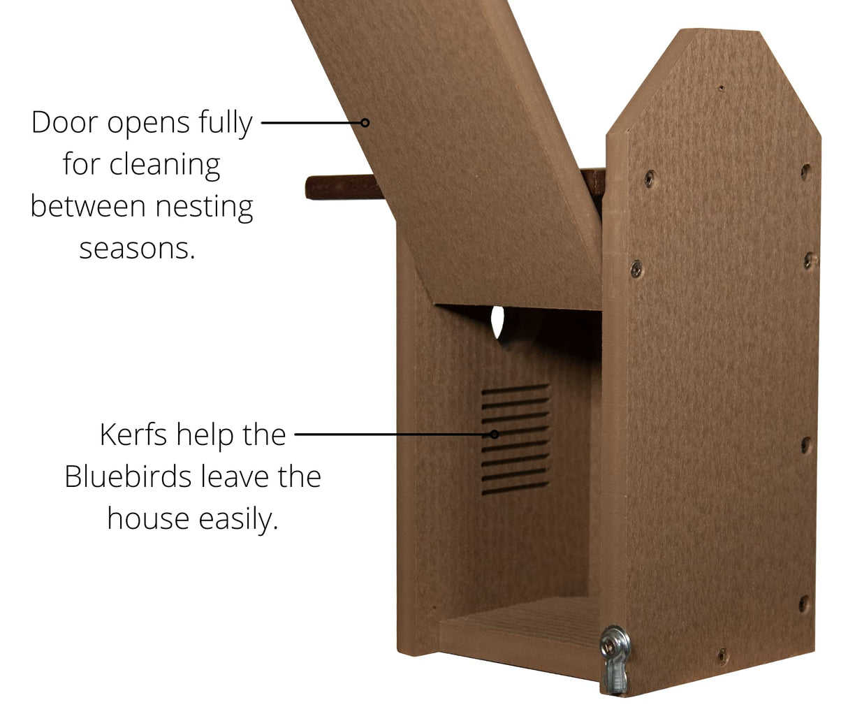Product image showing a brown plastic bluebird house with a hinged door kerfed edges and ventilation slots