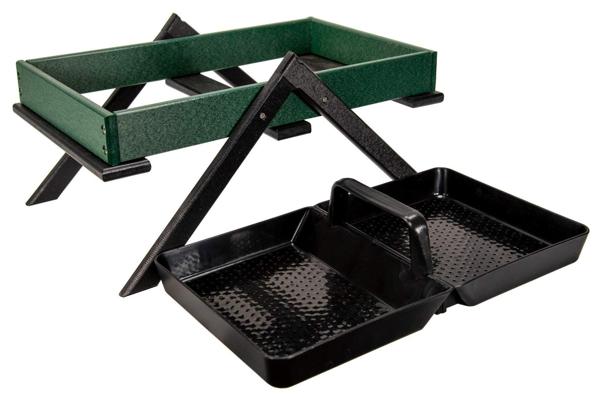 Plastic two-tiered bird feeder with a dark green top tray and two black bottom trays featuring textured bottoms and a convenient handle for easy cleaning