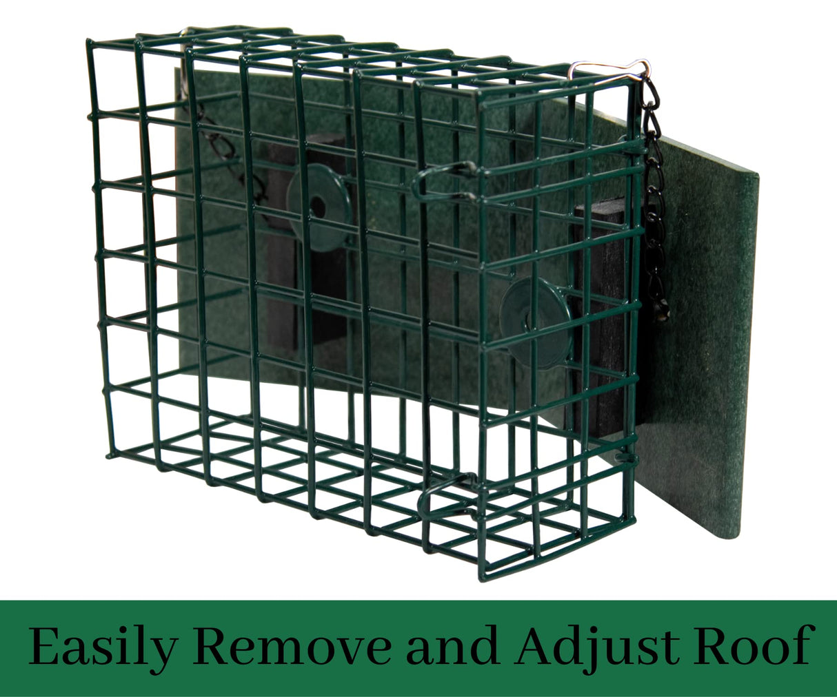 JCS Wildlife XL Suet Cage with Recycled Poly Lumber Roof, features easy roof adjustability for bird feeding.