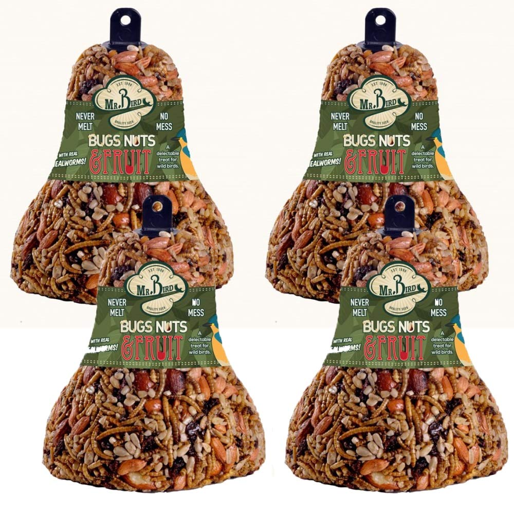 Mr. Bird Bugs, Nuts, & Fruit Wild Bird Seed Bell 12.5 oz, pack of 4, attracts a variety of wild birds.