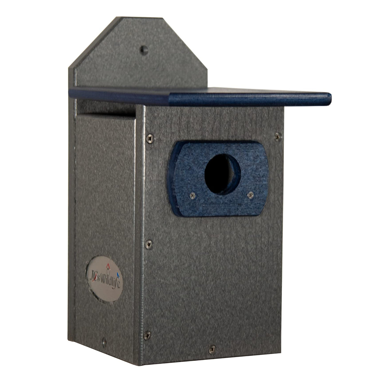 JG's Wildlife gray and blue plastic birdhouse with a dark entry hole and a small logo on the side featuring a birdhouse and birds.