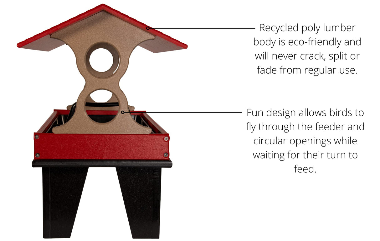 Product image of a recycled poly lumber bird feeder with a red roof and black legs showing two circular openings and a textured surface.
