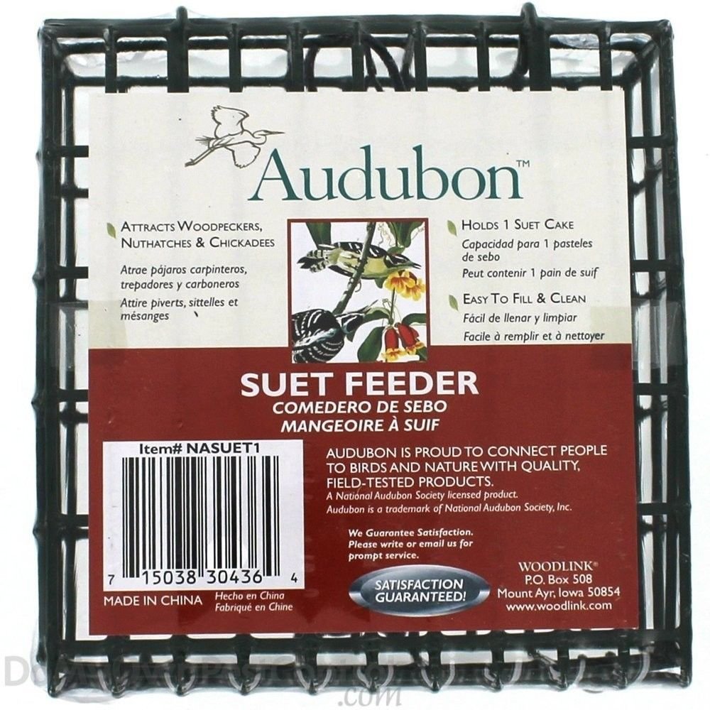 Audubon/Woodlink Hanging Single Suet Cage NASUET1 for attracting woodpeckers and chickadees, made from weather-resistant stainless steel.