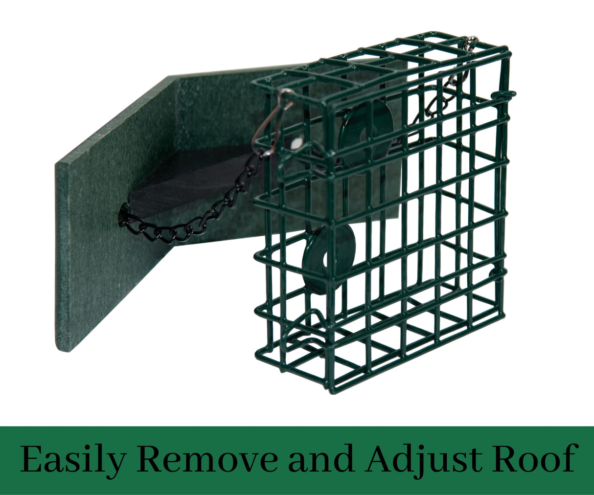 JCS Wildlife Single Suet Cage with Poly Lumber Roof, featuring adjustable roof for easy access and protection.