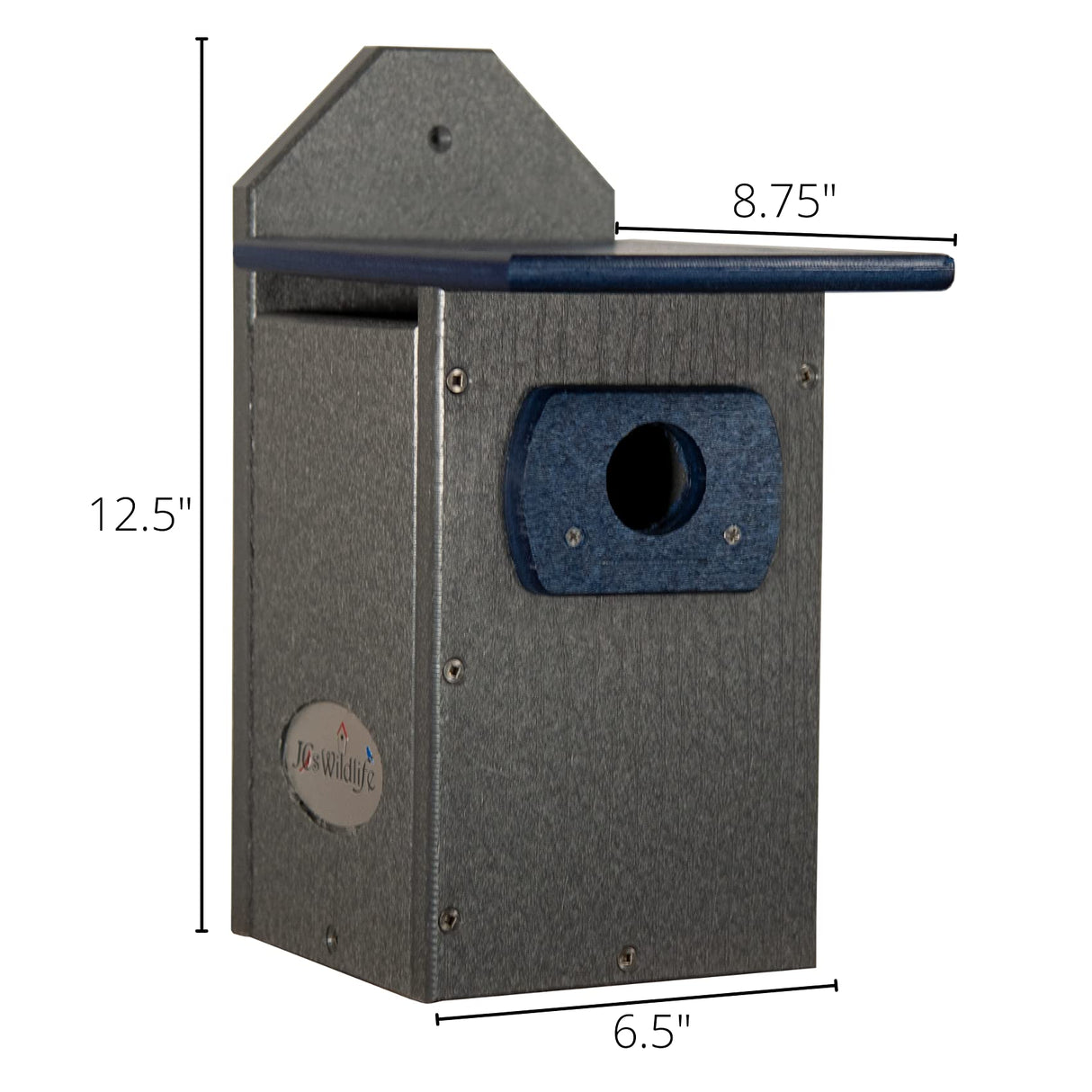 JGsWildlife gray and blue recycled plastic birdhouse with a dark gray textured finish a small entry hole and a protective roof.