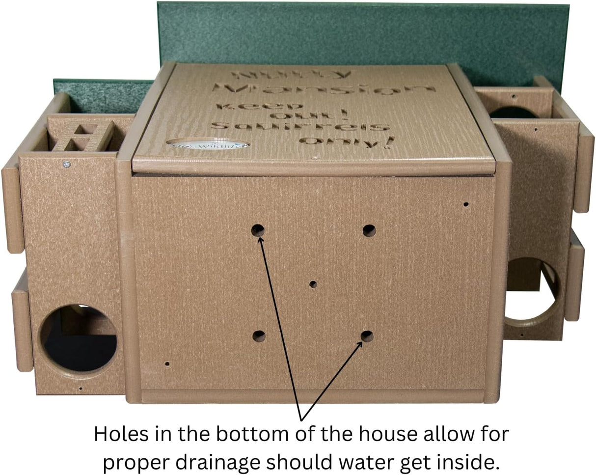 Recycled plastic squirrel feeder with drainage holes a green roof and engraved Keep Out Squirrels Only sign
