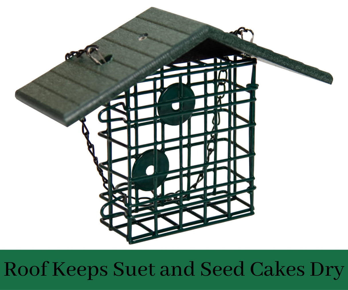 JCS Wildlife Single Suet Cage with Poly Lumber Roof, ideal for keeping suet and seed cakes dry.