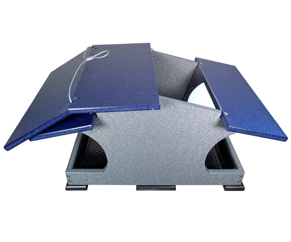 Plastic bird feeder with blue and gray speckled roofs and black feet shown open against a white background