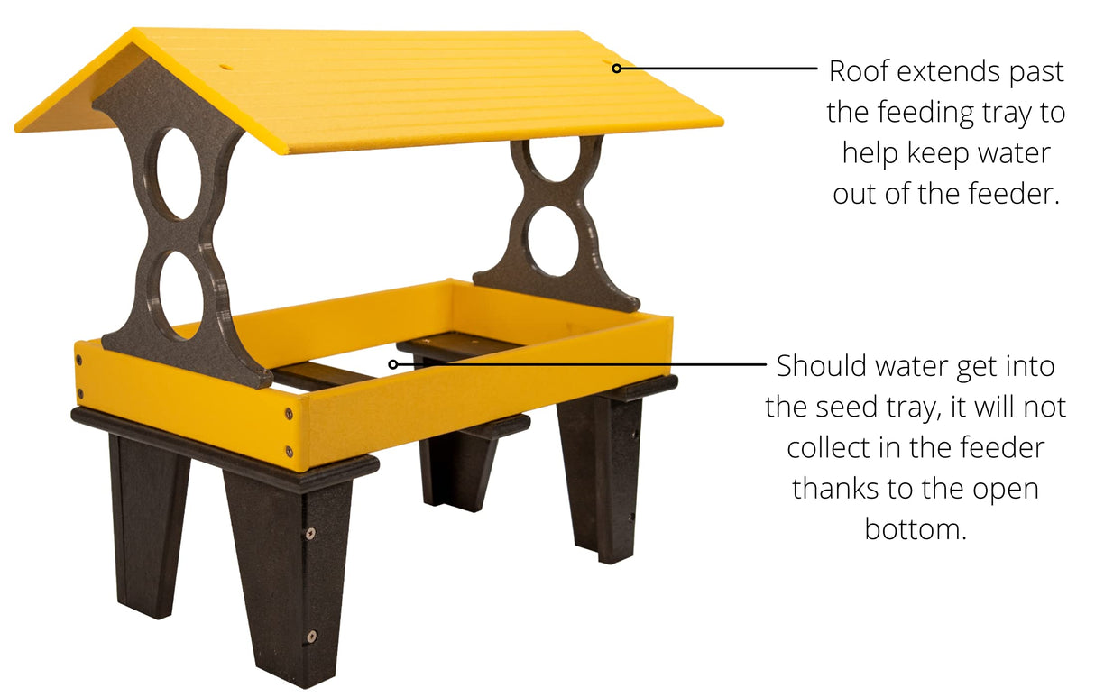 Plastic bird feeder with yellow tray and dark gray supports featuring a pitched roof and open bottom for drainage