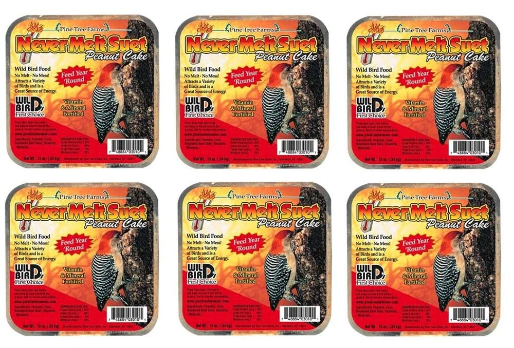 Pine Tree Farm's Never Melt Peanut Suet Cake 12 oz packaging - perfect for attracting wild birds.