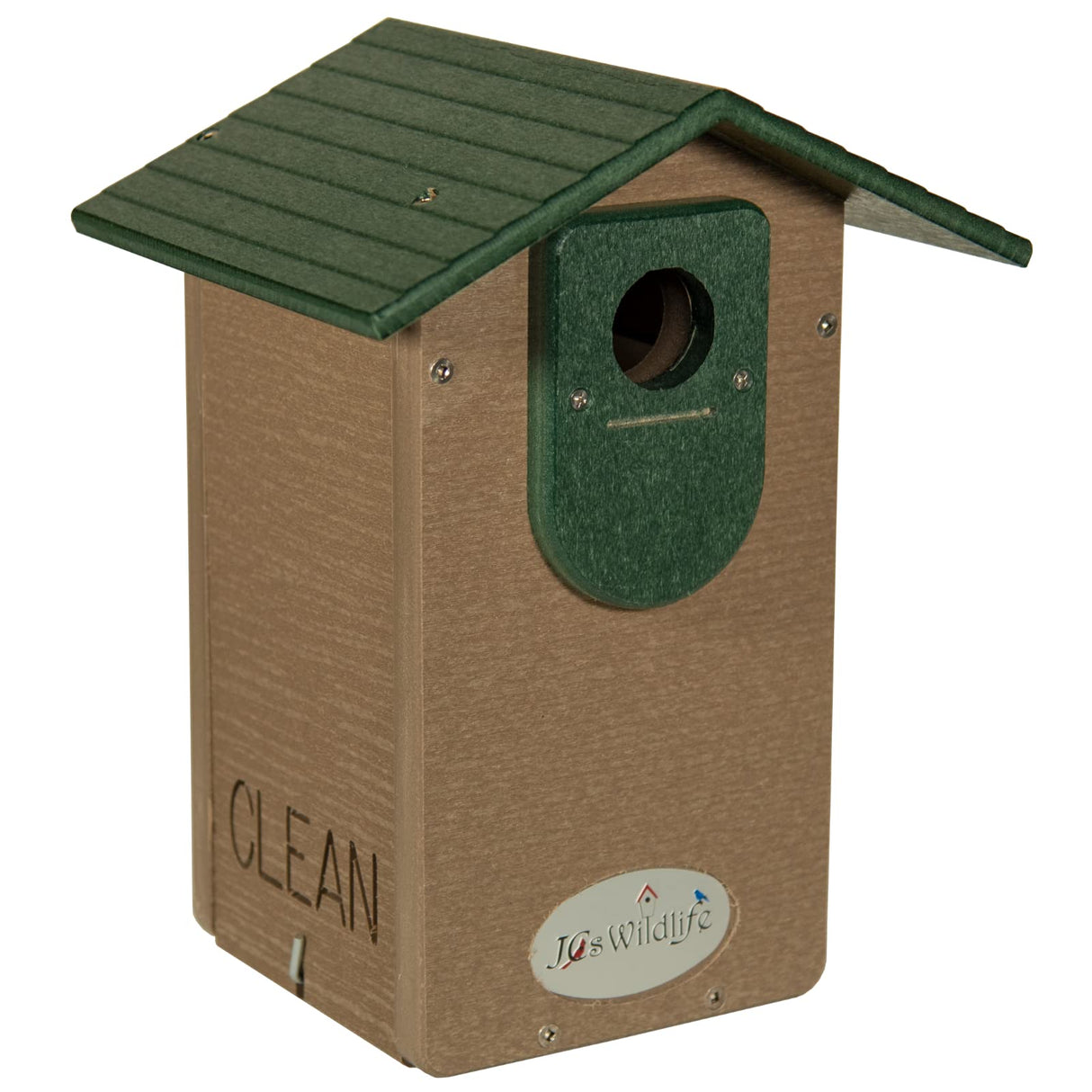 JQs Wildlife plastic birdhouse features a taupe body green roof and entryway with a clean design and logo