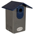 JCs Wildlife gray and blue plastic birdhouse with a dark blue roof and clean inscription features a circular entrance hole and a logo