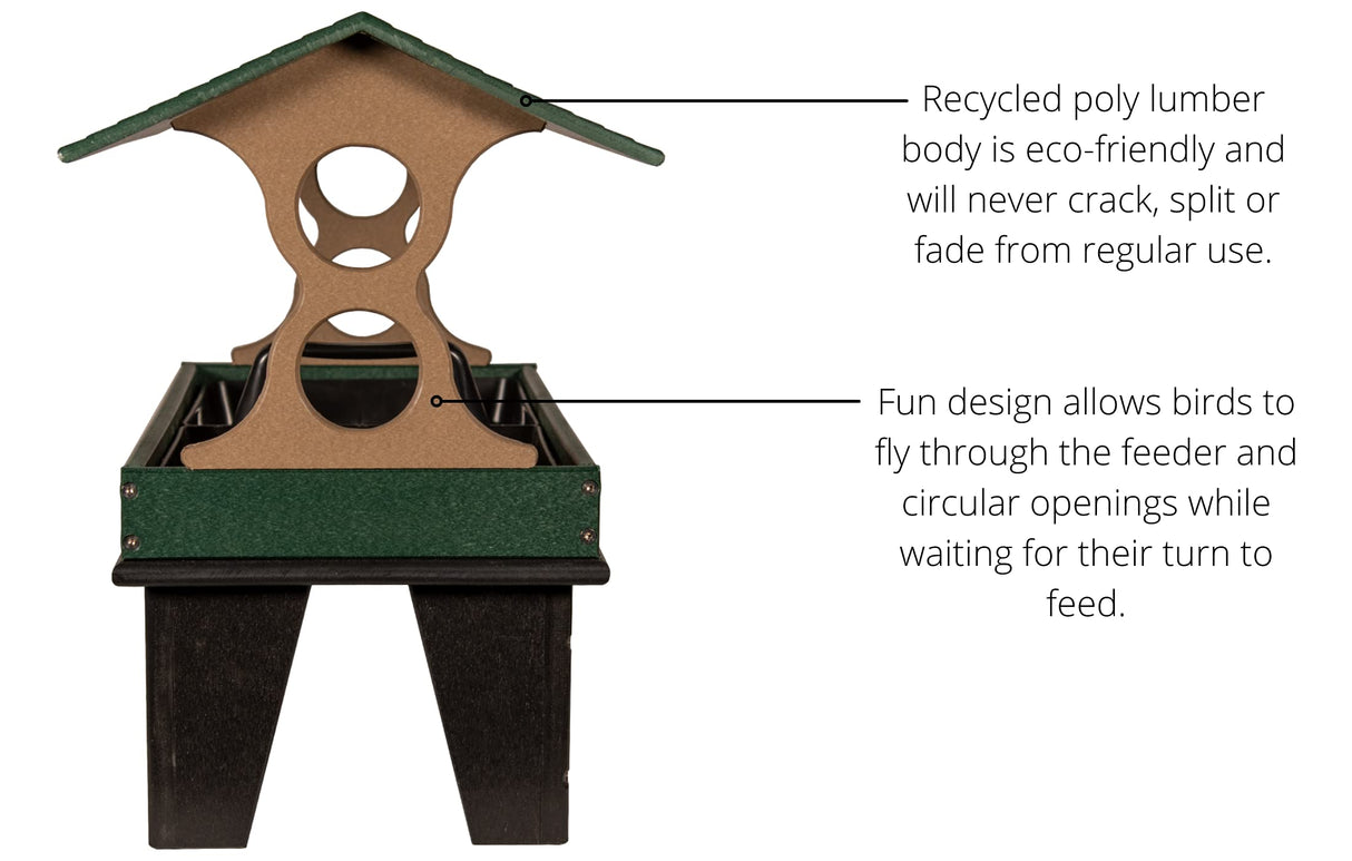 Recycled poly lumber bird feeder with a green base, tan roof, and circular openings for birds to feed through