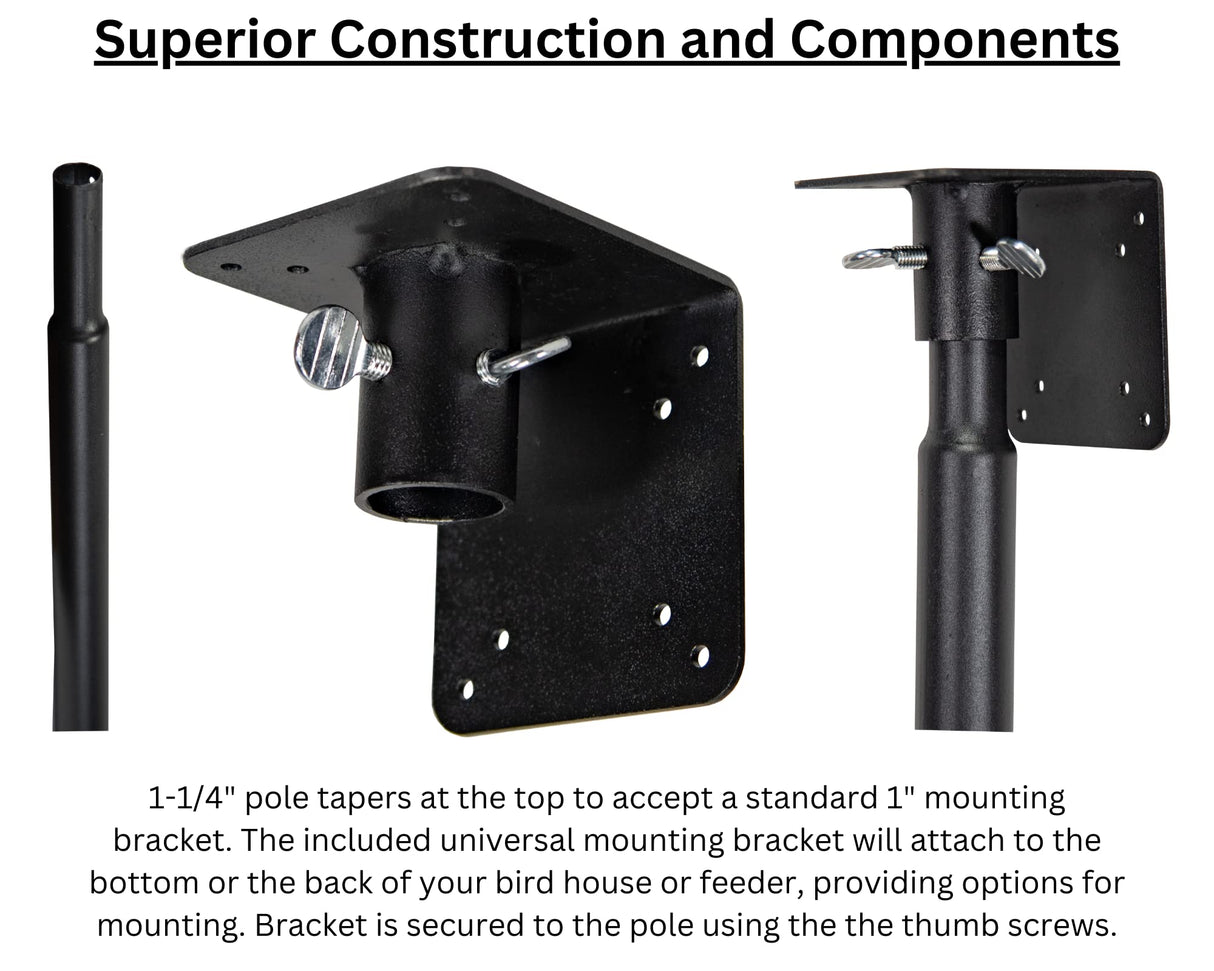Product shot showing a black metal bird feeder pole mounting bracket with thumb screws and a tapered pole.