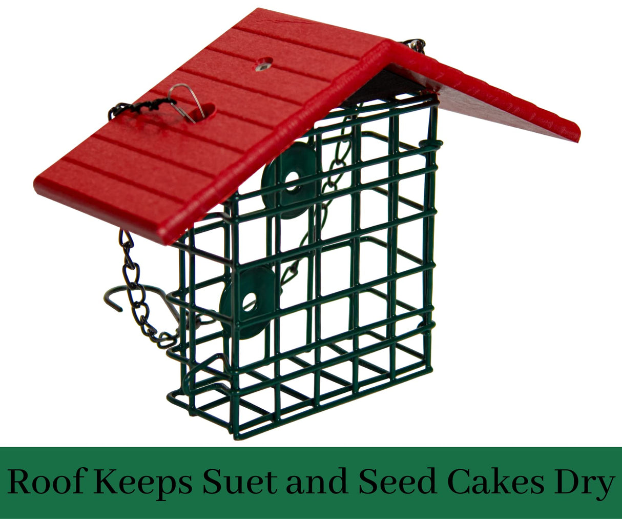 JCS Wildlife Single Suet Cage with Poly Lumber Roof keeps suet and seed cakes dry and protected from the elements.