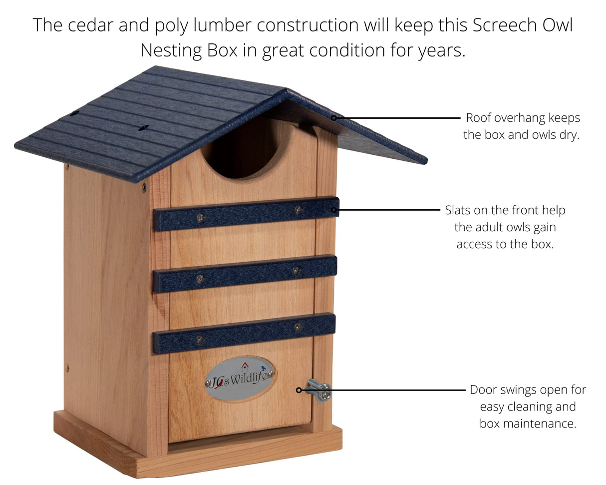 JCS Wildlife Cedar Screech Owl Nest Box with Poly Lumber Roof for attracting Screech Owls to your yard.