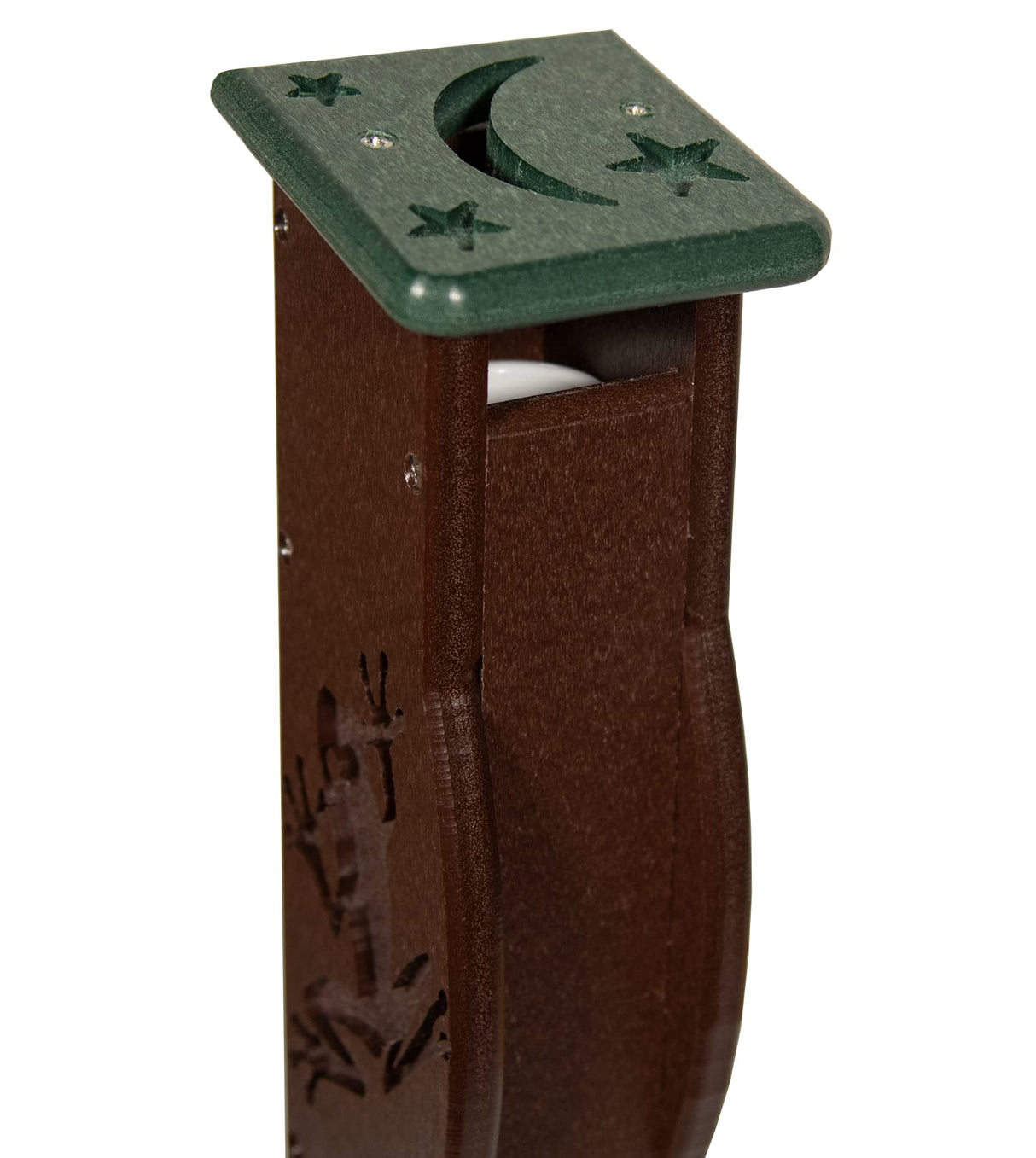 Unknown artist, plastic decorative post featuring a moon and stars on a dark green top a brown body with carved animal silhouettes and a textured surface