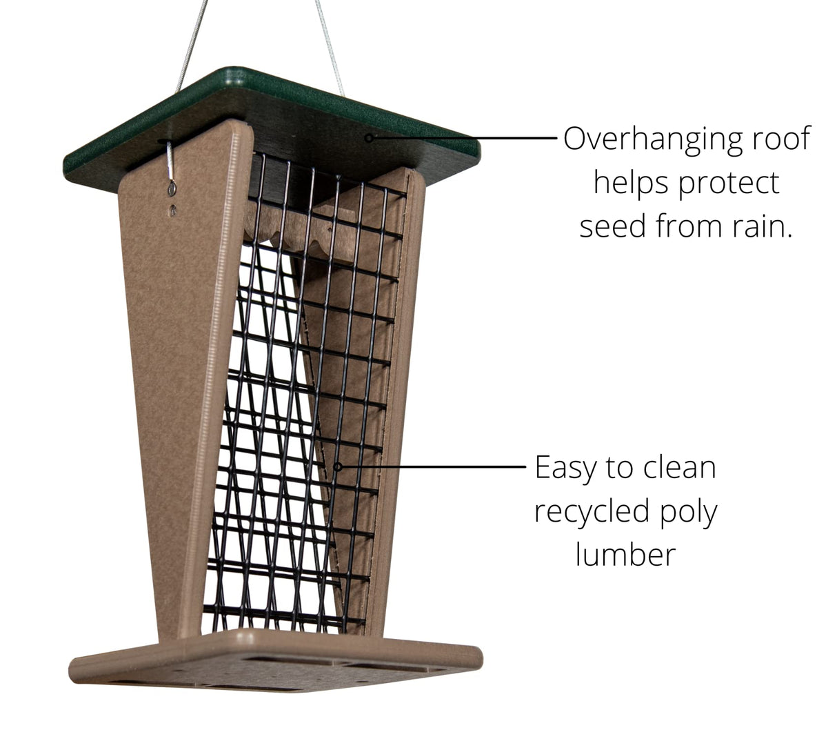 Recycled poly lumber bird feeder showing a dark green roof a taupe body and a black wire mesh interior for easy cleaning and weather protection