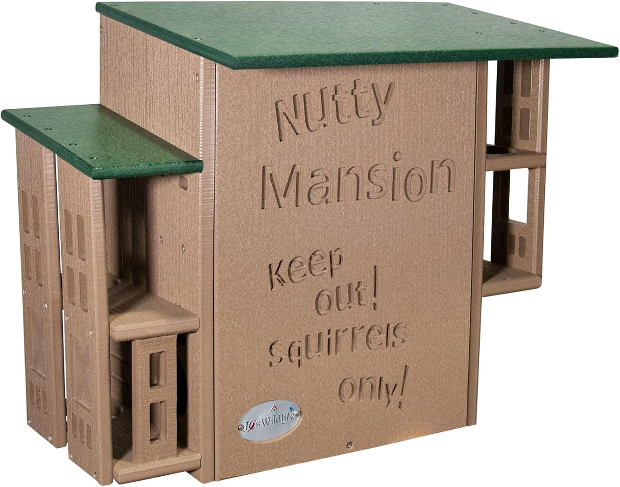 JG Wildlife's plastic Nutty Mansion squirrel feeder features a tan main structure with green roofs and multiple entry points for squirrels only brown and green color scheme detailed carvings