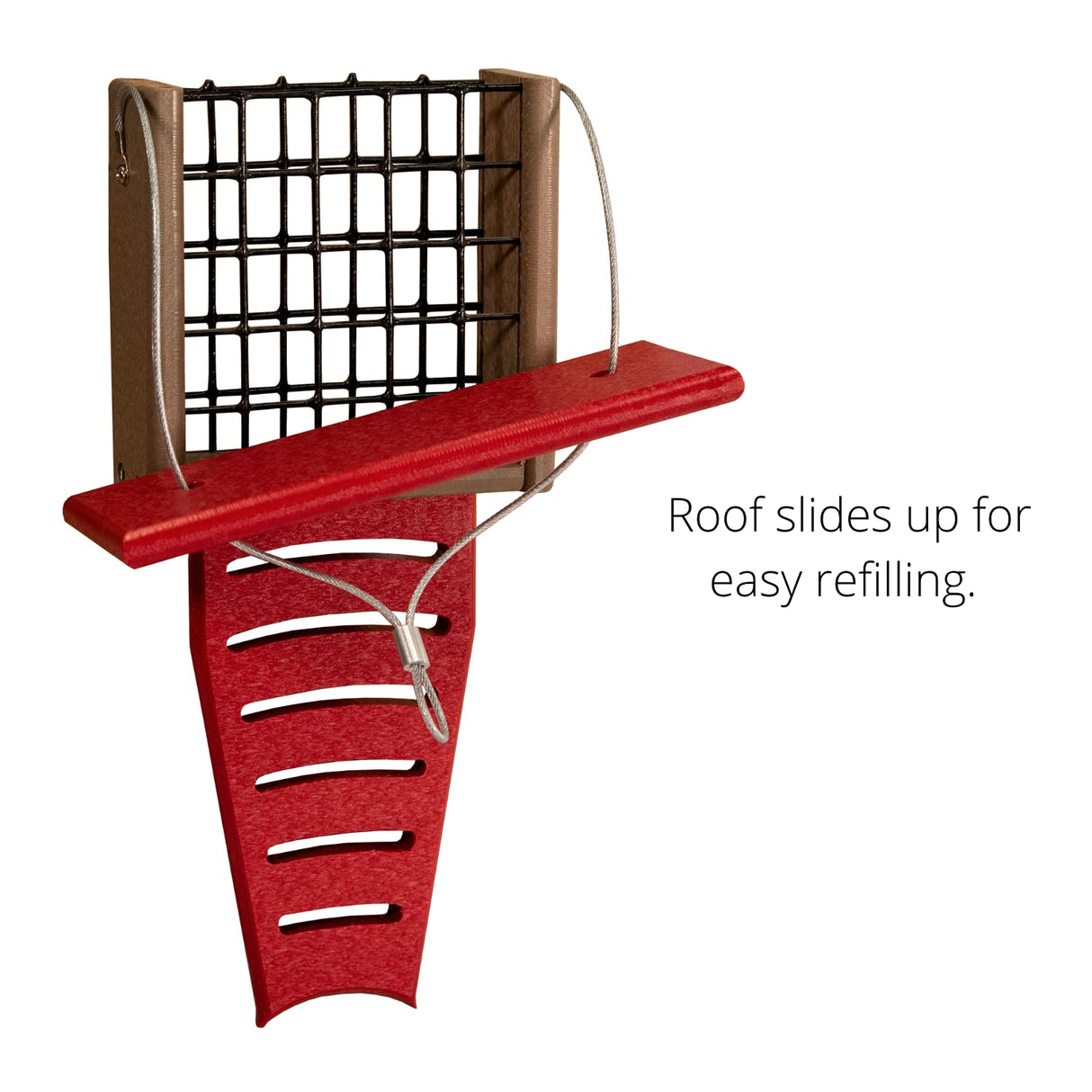 Product shot of a red and taupe bird feeder with a sliding roof featuring a black wire mesh and easy-refill design showcasing a bright red tray and taupe accents