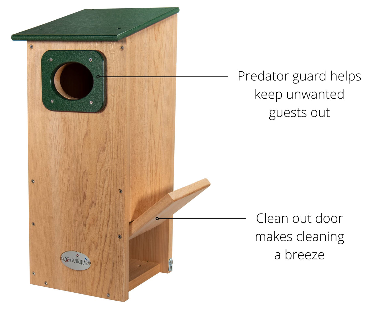 JCS Wildlife Cedar Wood Duck House featuring predator guard and easy clean out door for nesting birds.