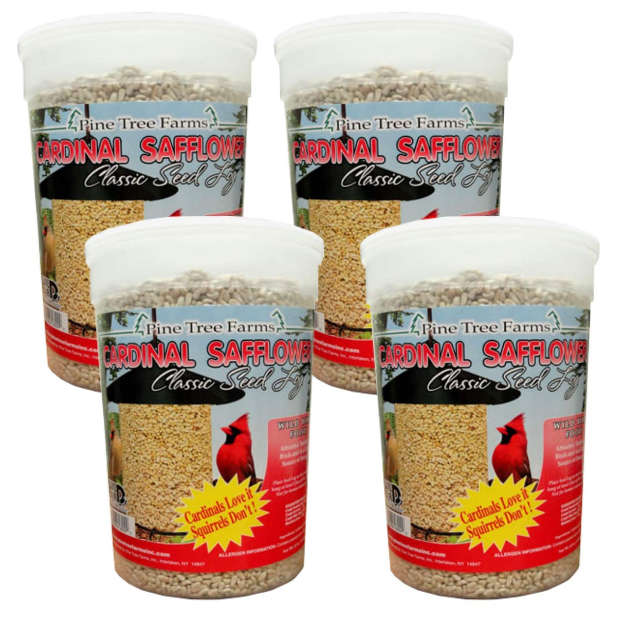 Pine Tree Farms Cardinal Safflower Classic Seed Log 4-pack for attracting wild birds.