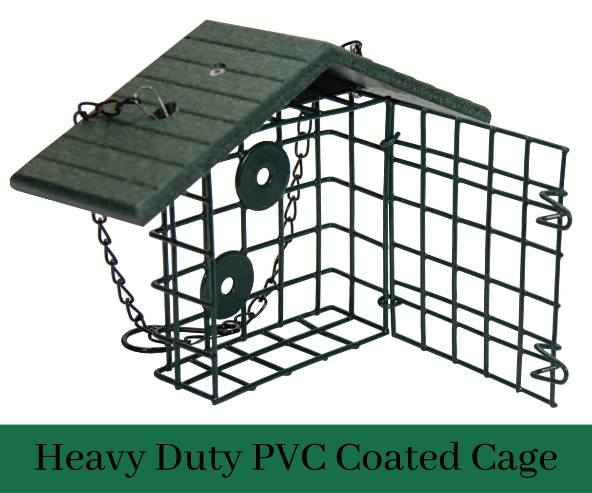 JCS Wildlife Single Suet Cage with Poly Lumber Roof, heavy duty PVC coated feeder for birds.