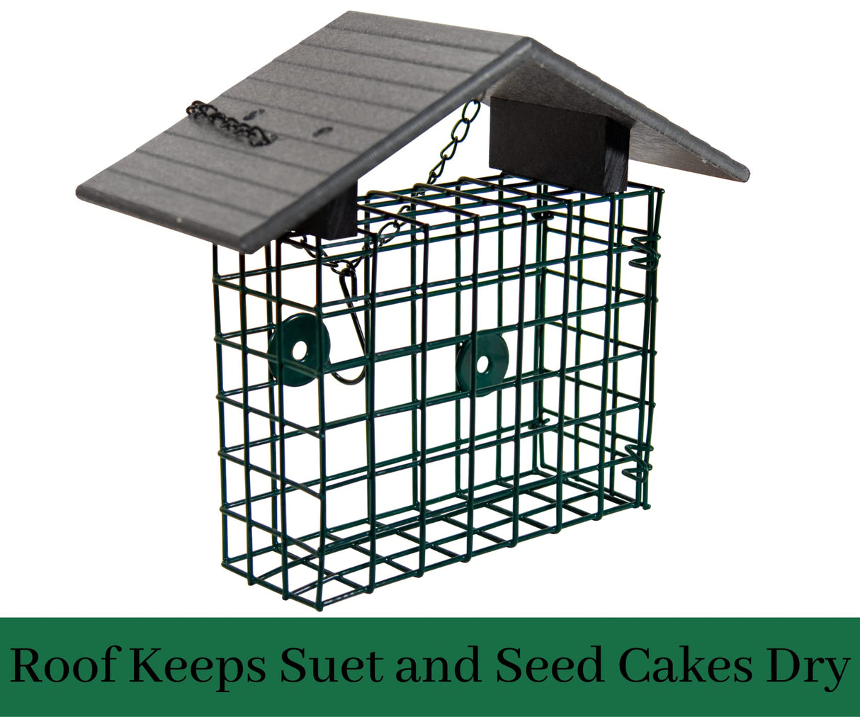 JCS Wildlife XL Suet Cage with Recycled Poly Lumber Roof protects bird suet from moisture and mess.