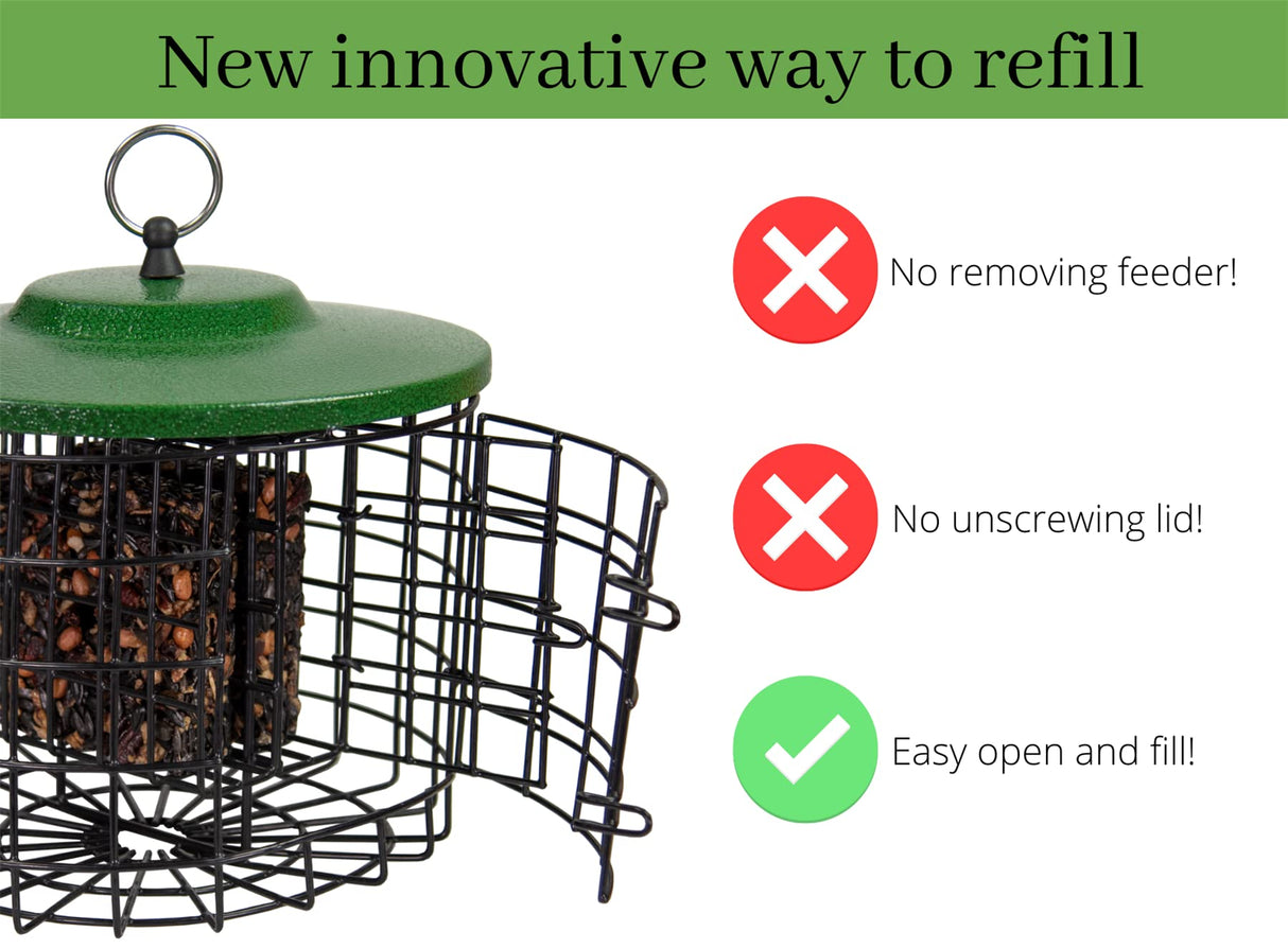 Innovative Squirrel Stopper suet feeder with easy-open design for hassle-free refilling.