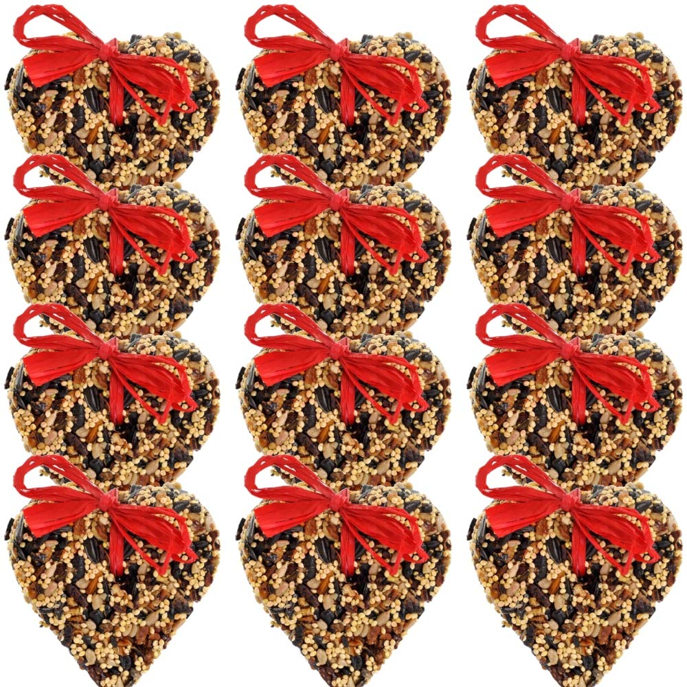 Twelve heart-shaped birdseed cakes adorned with vibrant red bows showcasing a mix of millet sunflower seeds and nuts against a white background