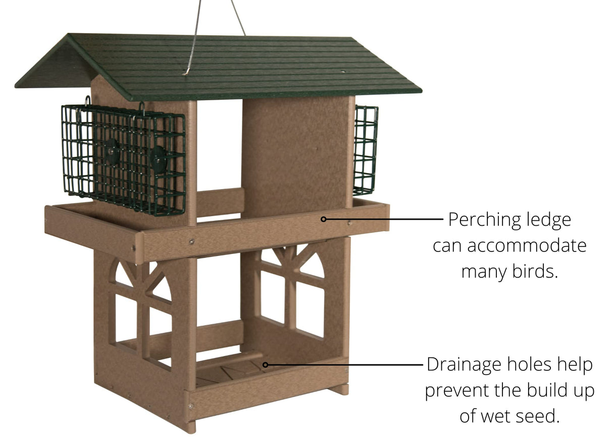 JCS Wildlife Double Fly Thru Bird Feeder with suet cages, featuring drainage holes and a wide perching ledge.