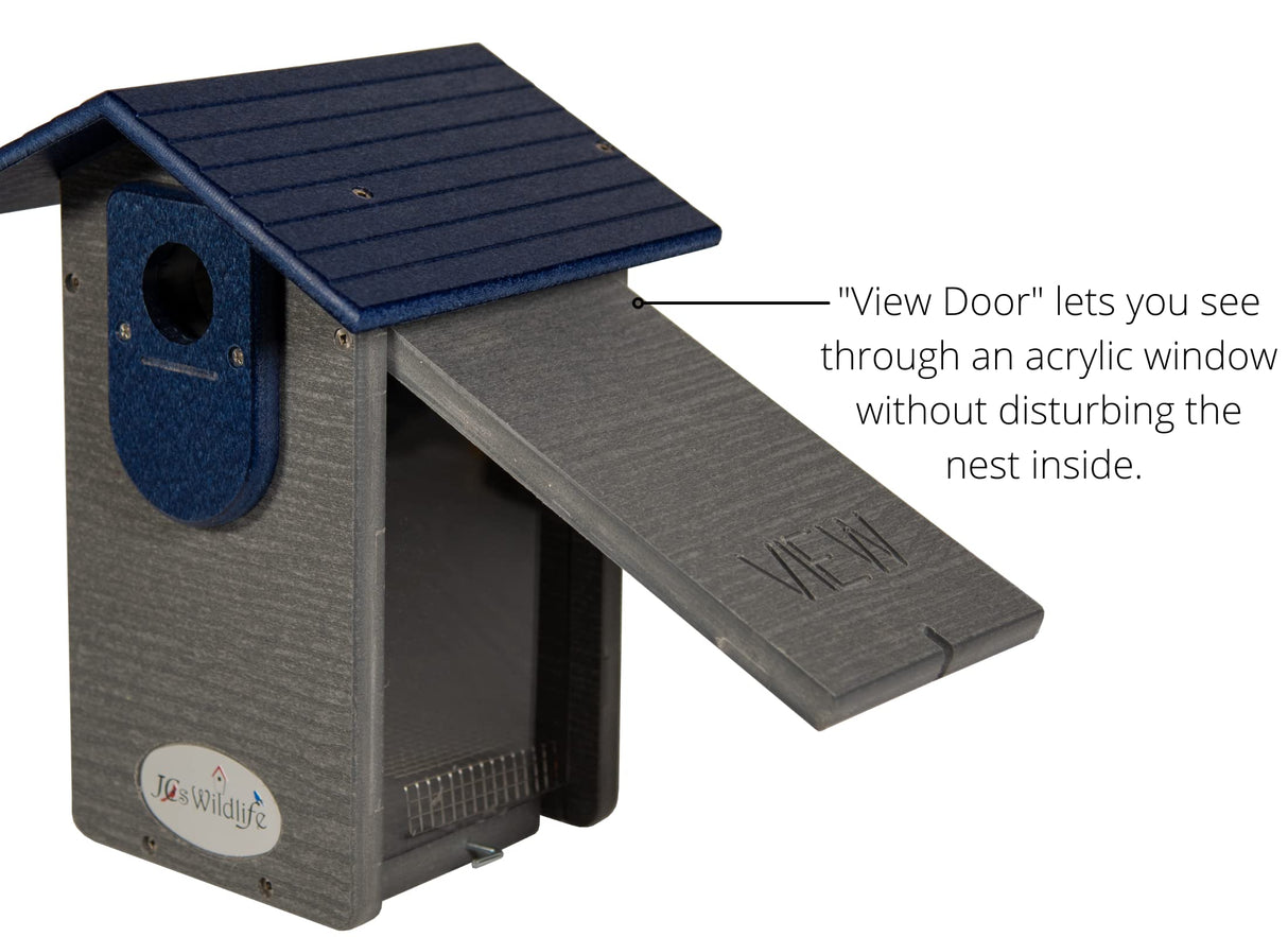 JCs Wildlife's gray and blue recycled plastic birdhouse with a view door and ventilation slots features a dark blue roof and the word VIEW etched into the access panel.