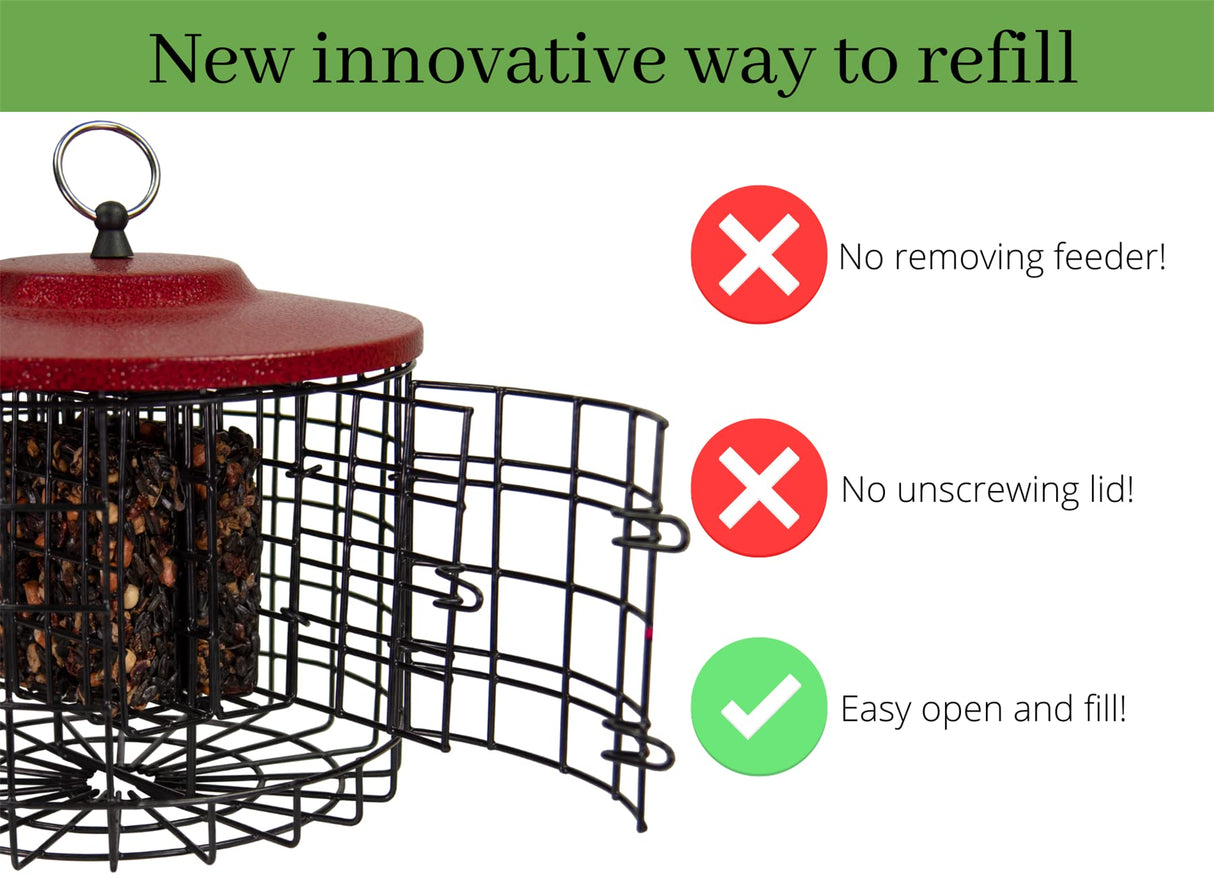 Squirrel Stopper Round Squirrel Proof Suet Feeder showcasing easy open side door and refill instructions.