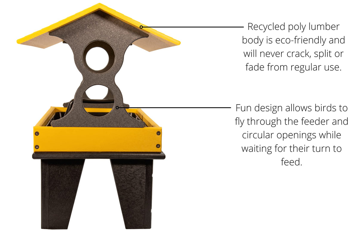 Product shot of a recycled poly lumber bird feeder with a yellow roof and black body showing circular openings and sturdy legs