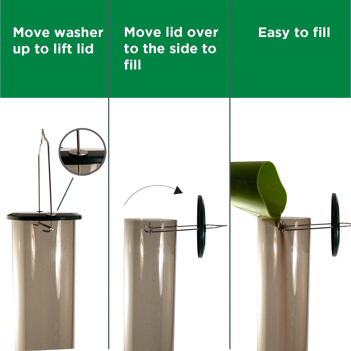 Diagram showing how to fill a transparent plastic bird feeder with a green scoop and a dark-green lid using a metal washer and a hinged metal ring.
