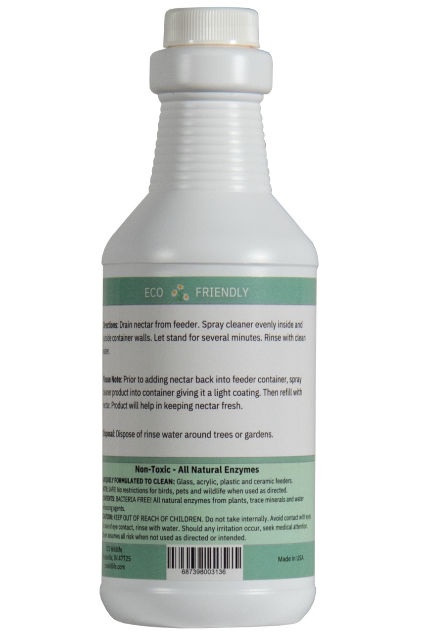 JCS Wildlife Hummingbird & Oriole Feeder Cleaner bottle, 16 oz, eco-friendly enzyme-based formula for bird feeder maintenance.