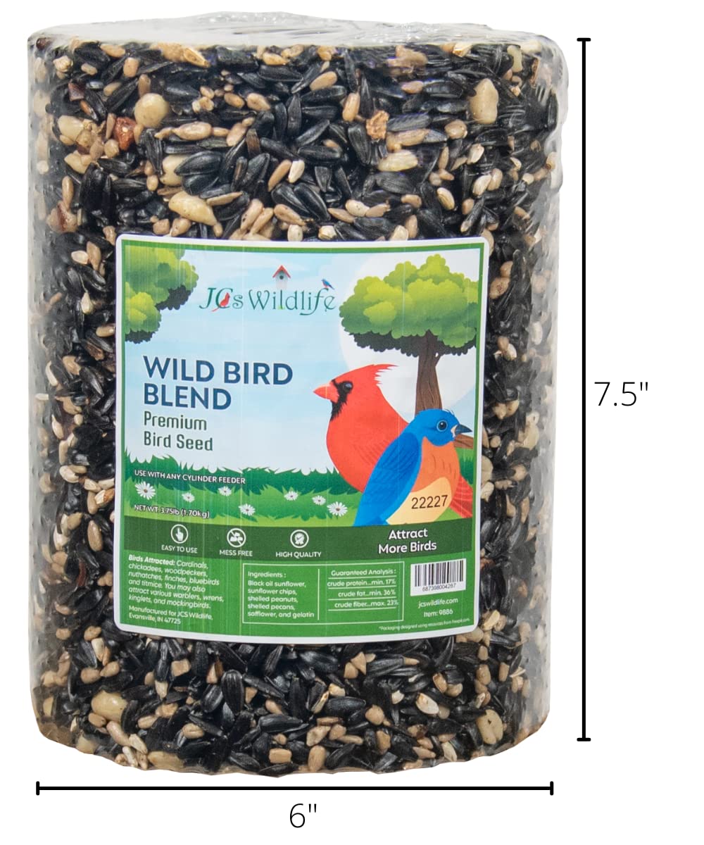 JCs Wildlife Wild Bird Blend premium bird seed cylindrical package showing a cardinal and bluebird  features black oil sunflower seeds shelled peanuts and safflower