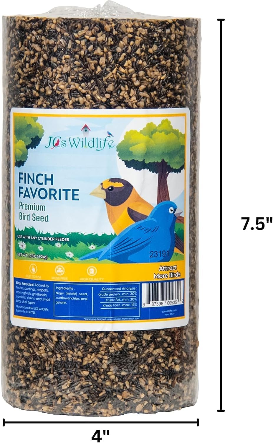 JCS Wildlife Finch Favorite Premium Bird Seed cylinder for attracting finches with thistle seeds, 7.5 inches tall.
