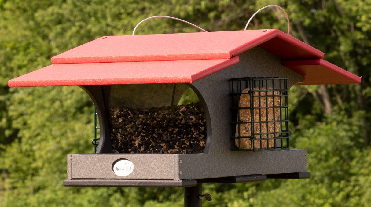 JCS Wildlife Hopper and Suet Feeder with suet holders and recycled materials, designed for easy cleaning and refilling.