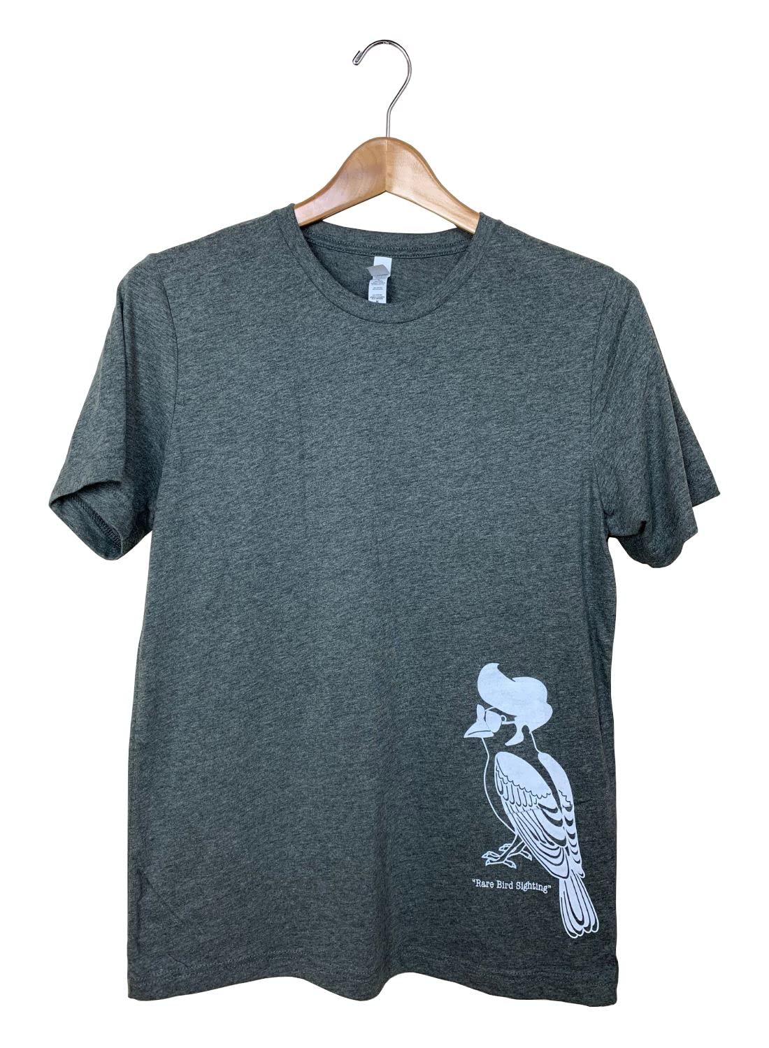 A dark gray t-shirt featuring a stylized white bird wearing sunglasses with a unique hairstyle a  "Rare Bird Sighting" design