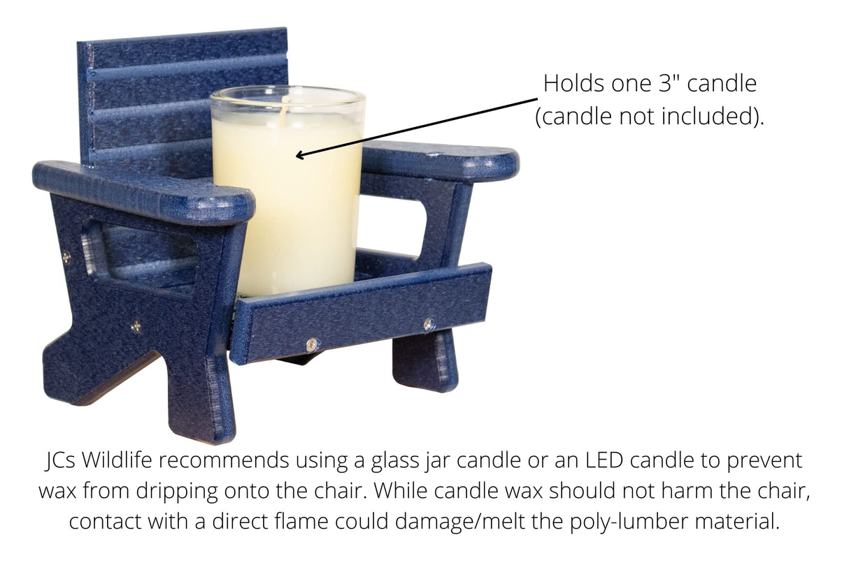 JCS Wildlife Mini White Adirondack Chair Candle Holder with a 3" candle, perfect for indoor or outdoor use.
