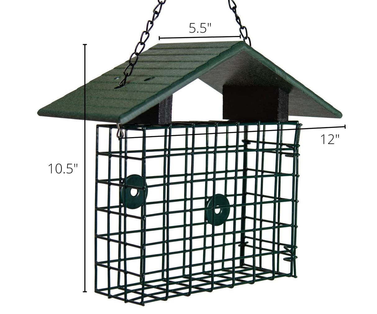 JCS Wildlife XL Suet Cage with Recycled Poly Lumber Roof measuring 12x10.5x5.5 inches for bird feeding.