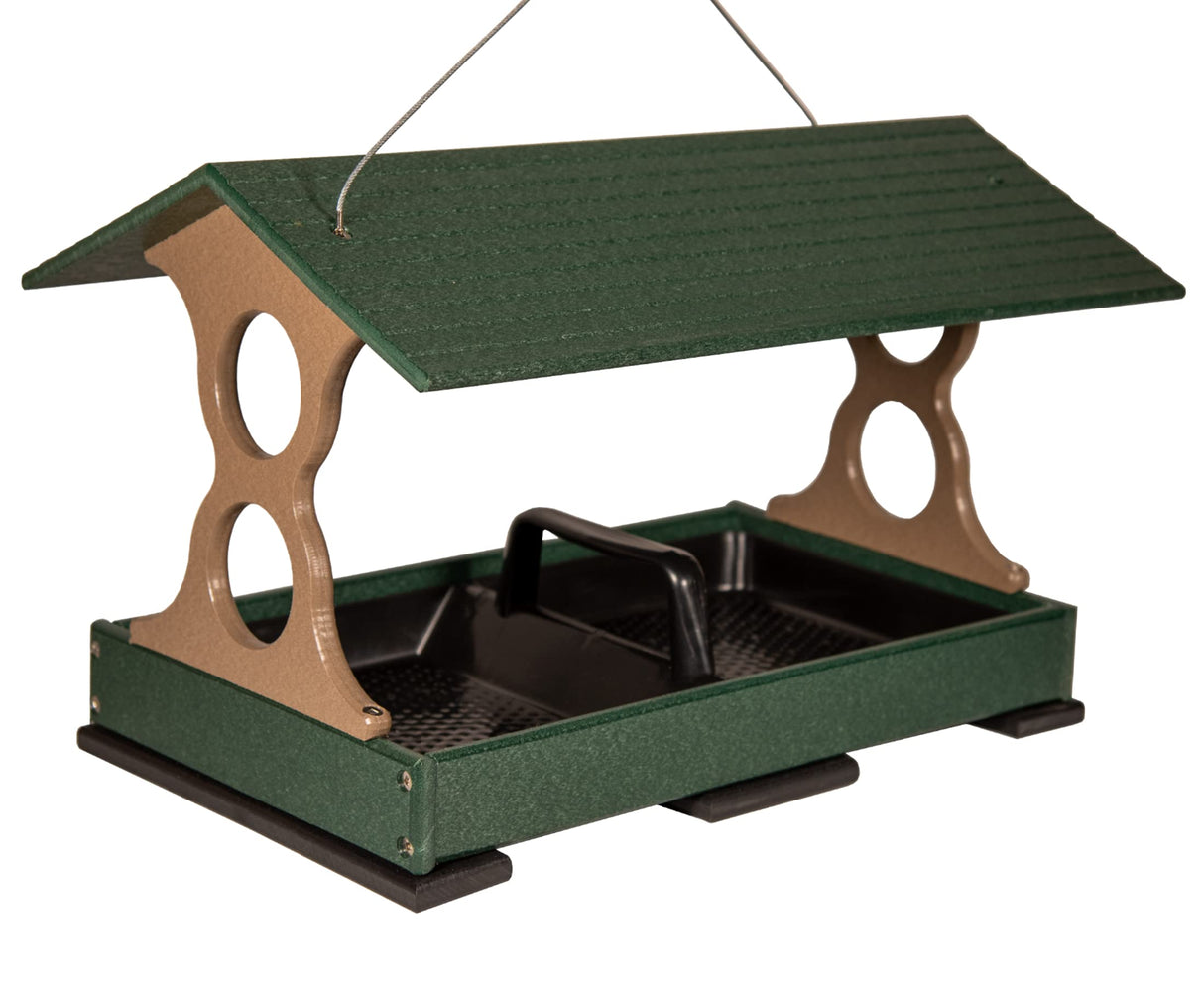 Recycled plastic bird feeder featuring a dark green roof, tan supports, and a black tray with a convenient handle.
