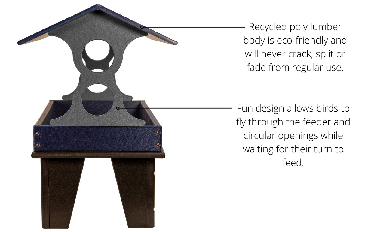 Recycled poly lumber bird feeder with a dark gray roof, navy blue base, and three circular openings for birds to feed from showcasing a unique design and eco-friendly material