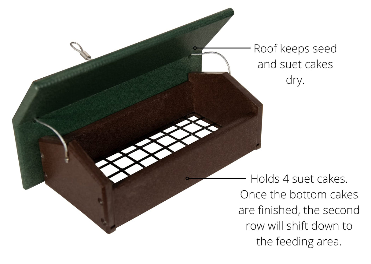 Product shot of a dark brown and green plastic bird feeder with a hinged roof a wire hanging loop and a metal mesh bottom showing four compartments for suet cakes
