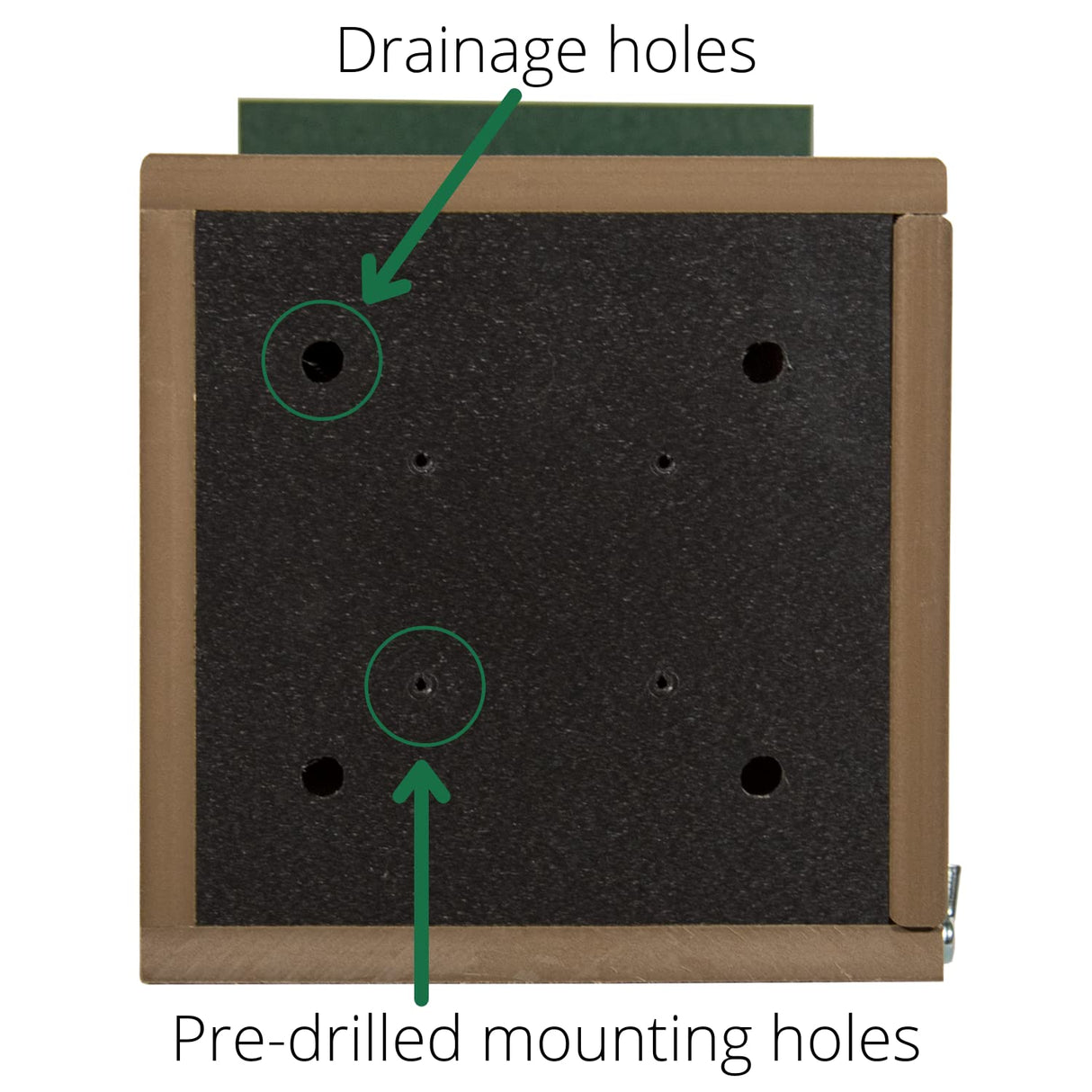 Product shot showing a taupe-colored wooden planter box with a dark gray bottom featuring drainage and pre-drilled mounting holes