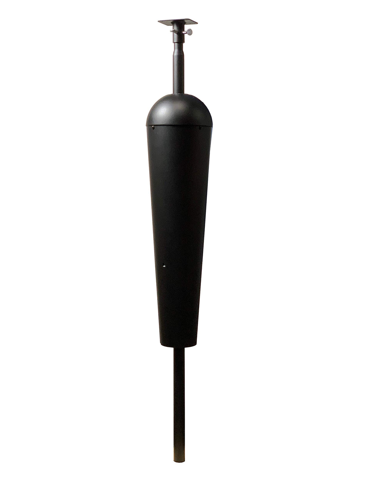 Product shot of a black metal mailbox post featuring a rounded top, a slender body, and small ventilation holes showcasing a simple yet functional design