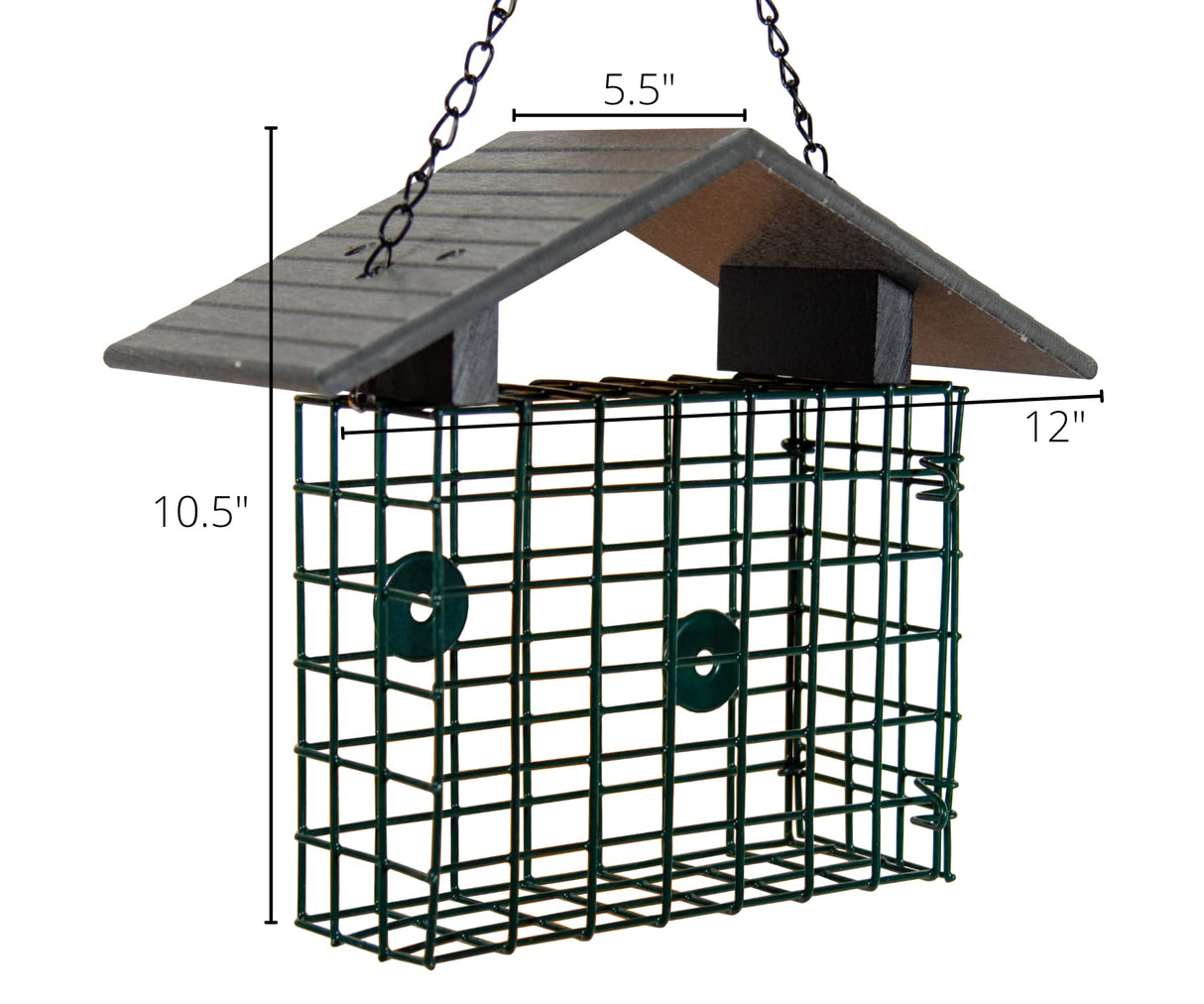 JCS Wildlife XL Suet Cage with Recycled Poly Lumber Roof, sturdy design, green wire cage, dimensions 12x10.5x5.5 inches.
